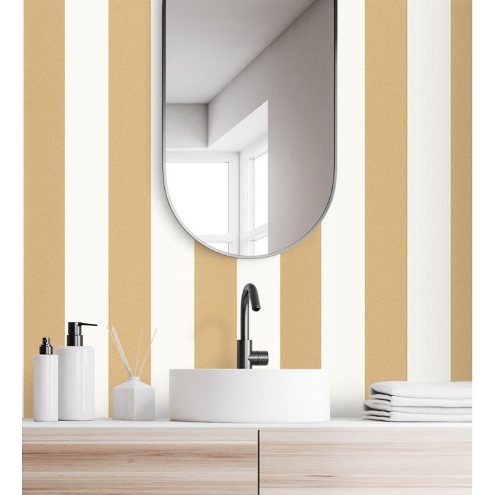 Papel pintado rayas oro y blanco con textura rugosa - Amelia Stripes 682589