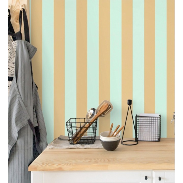 Papel pintado rayas verde agua y ocre con textura rugosa - Amelia Stripes 682590