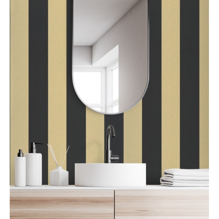 Papel pintado rayas oro y negro con textura rugosa - Amelia Stripes 682594