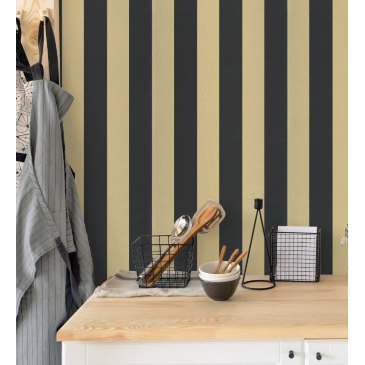 Papel pintado rayas oro y negro con textura rugosa - Amelia Stripes 682594
