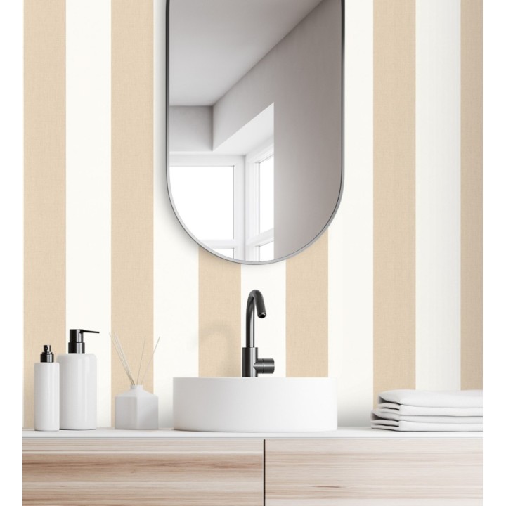 Papel pintado de rayas color beige y blanco imitando al tejido de lino - Garbo Stripes 682604