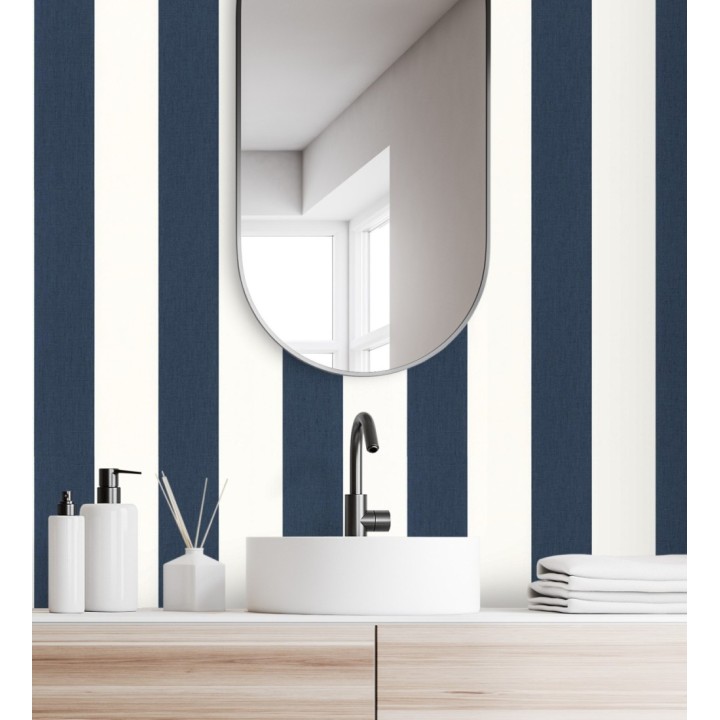 Papel pintado de rayas color azul marino y blanco imitando al tejido de lino - Garbo Stripes 682609