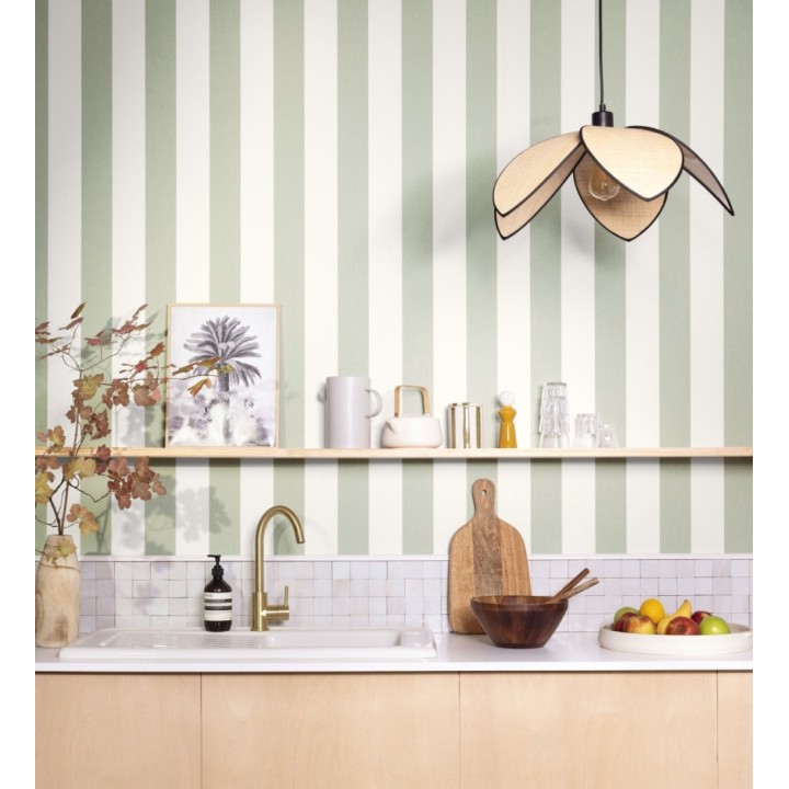 Papel pintado de rayas color marrón claro y blanco imitando al tejido de lino - Garbo Stripes 682610