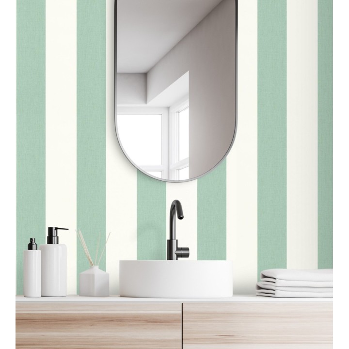 Papel pintado de rayas color verde agua y blanco imitando al tejido de lino - Garbo Stripes 682611