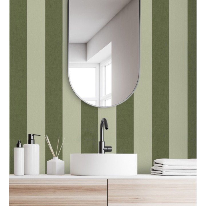 Papel pintado de rayas tonos verde hoja imitando al tejido de lino - Garbo Stripes 682612