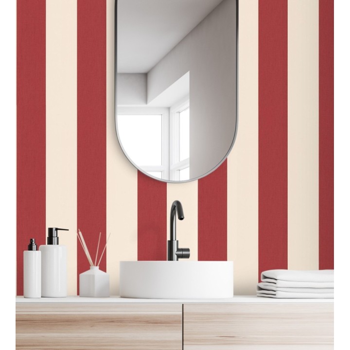 Papel pintado de rayas color rojo carmín y beige claro imitando al tejido de lino - Garbo Stripes 682613