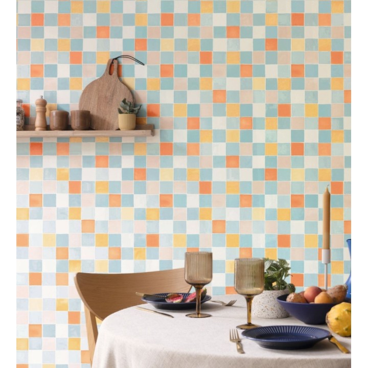 Papel pintado de dibujo de acuarela de cuadros que evoca los azulejos de gresite - Padget 682618