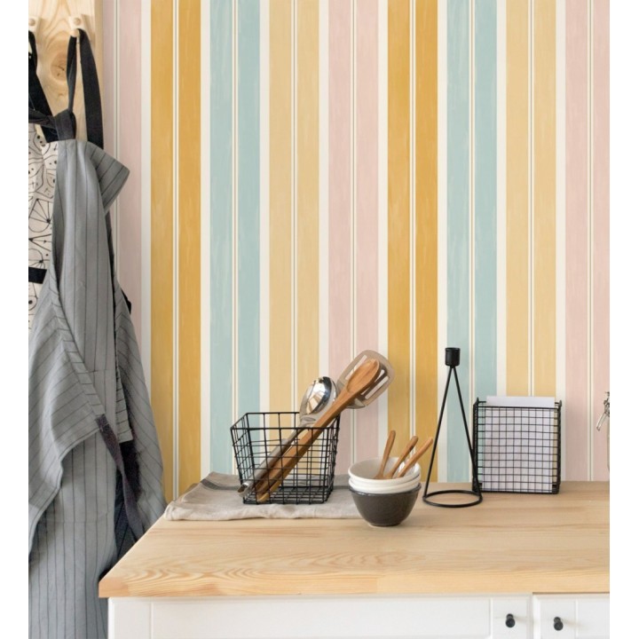 Papel pintado rayas pintadas con acuarela y líneas doradas - Nima Stripes 682620