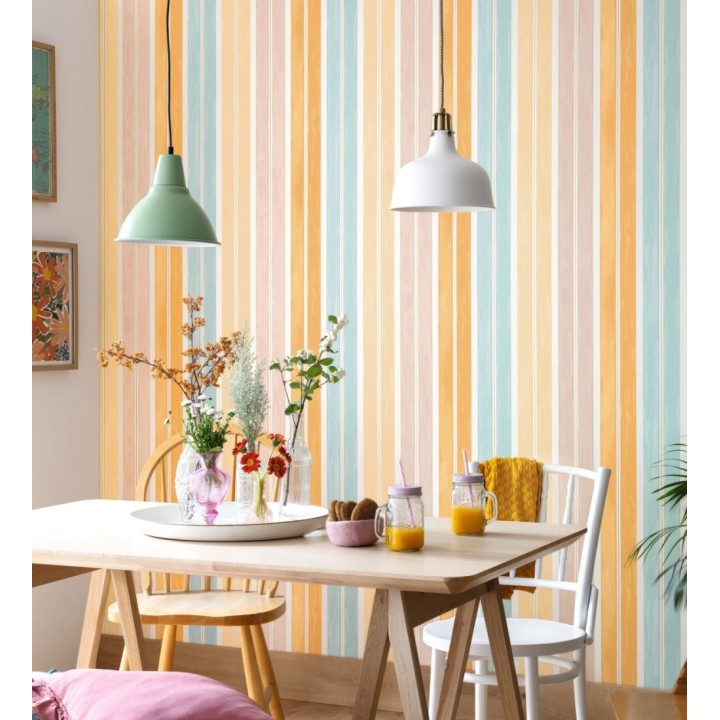 Papel pintado rayas pintadas con acuarela y líneas doradas - Nima Stripes 682620