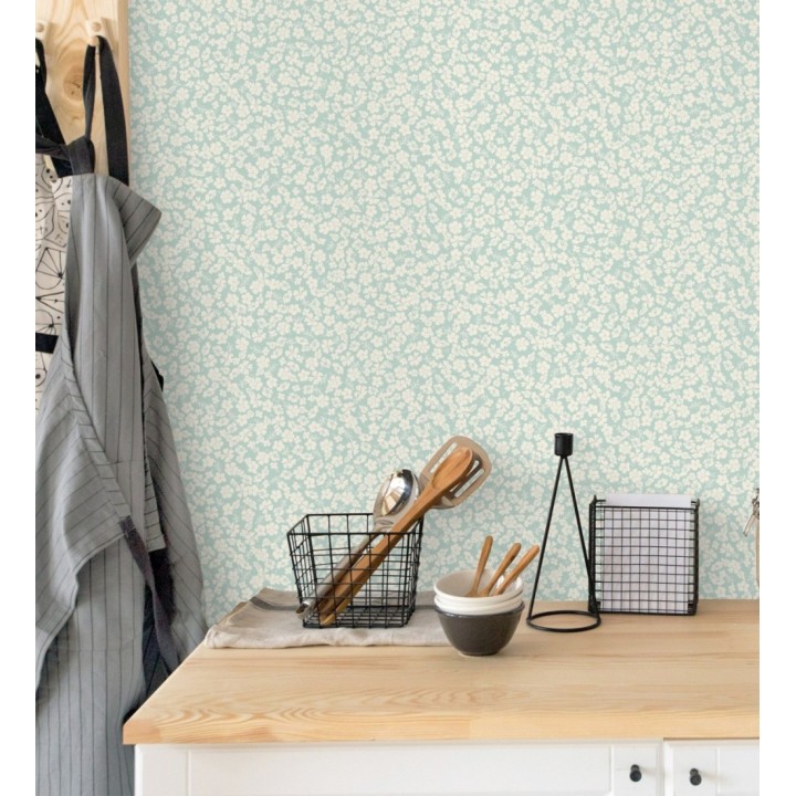 Papel pintado flores pequeñas celestes y blanca - Cherise 682628