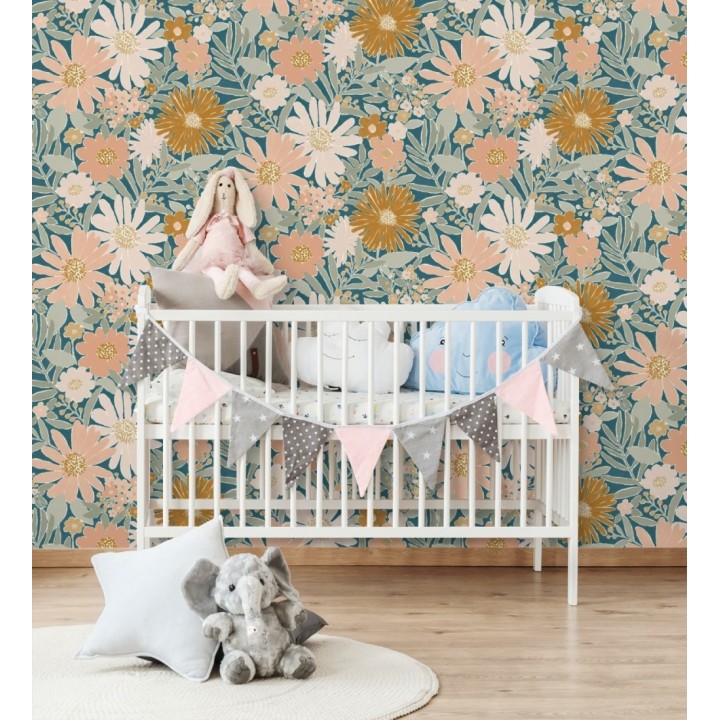 Papel pintado de girasoles y margaritas con motas doradas - Grace Harmony 682644