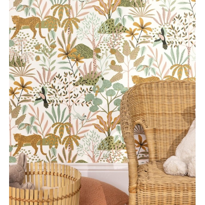 Papel pintado de leopardos y loros y otros animales en la selva - Babaty Oasis 682648