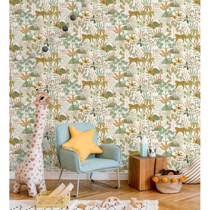 Papel pintado de leopardos y loros y otros animales en la selva - Babaty Oasis 682648