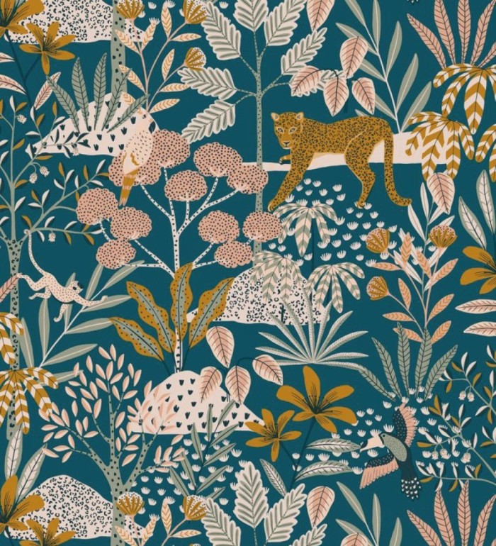 Papel pintado de leopardos y loros y otros animales en la selva - Babaty Oasis 682649
