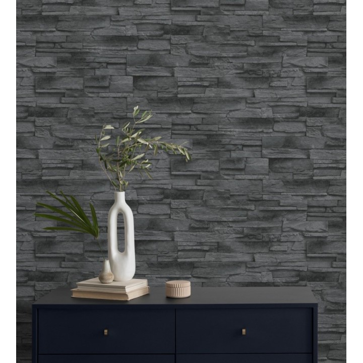 Papel pintado de piedra pizarra negra con relieve - Dakota Stone 682658