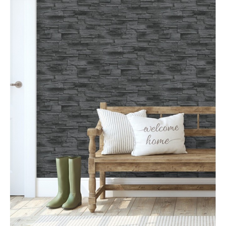 Papel pintado de piedra pizarra negra con relieve - Dakota Stone 682658