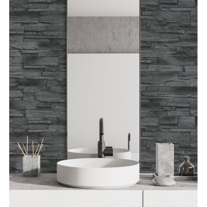 Papel pintado de piedra pizarra negra con relieve - Dakota Stone 682658