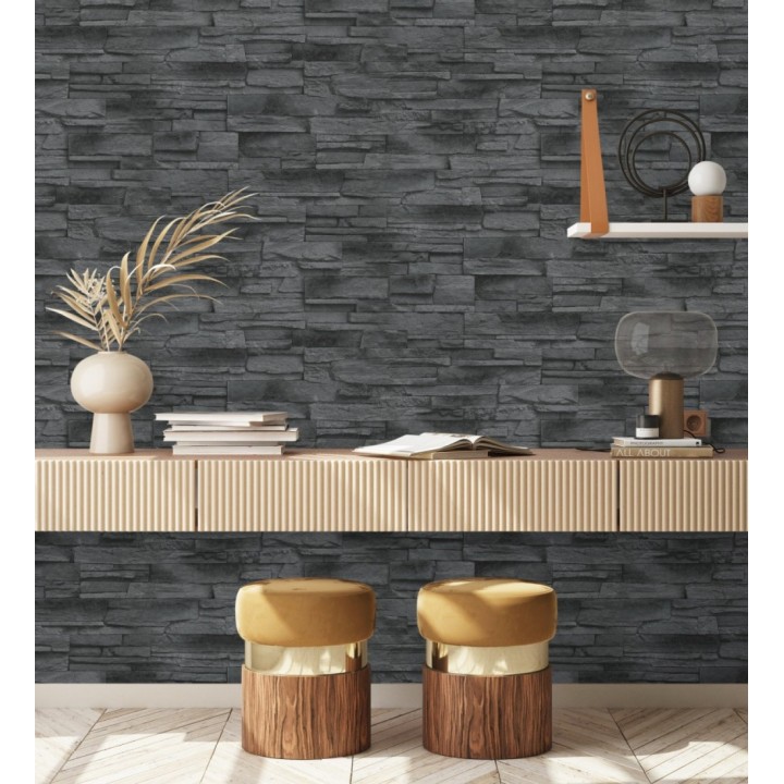 Papel pintado de piedra pizarra negra con relieve - Dakota Stone 682658