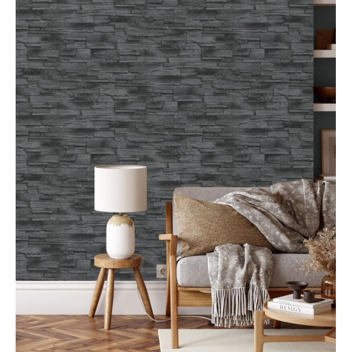 Papel pintado de piedra pizarra negra con relieve - Dakota Stone 682658