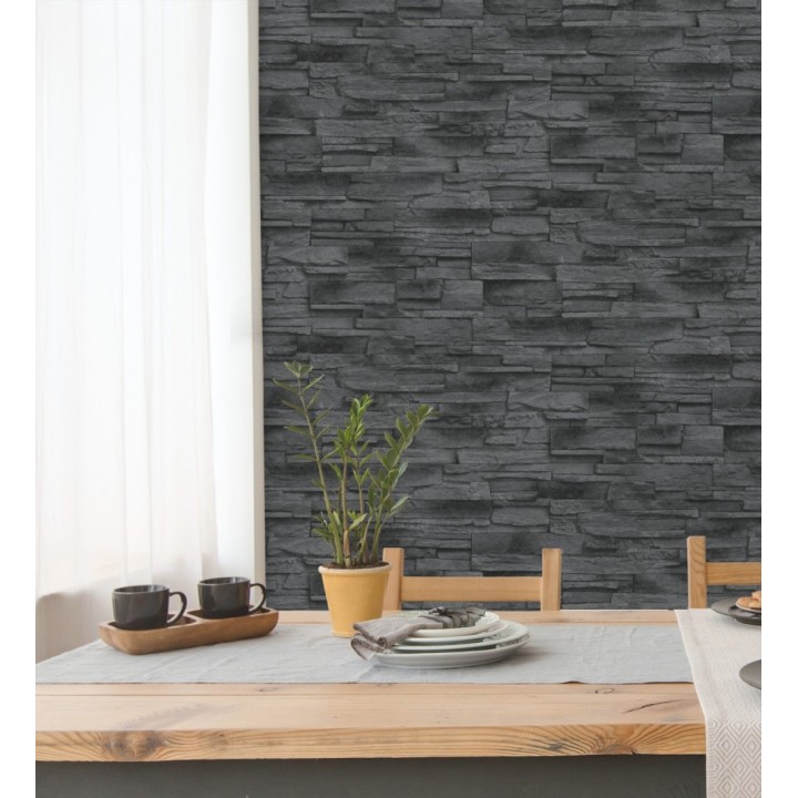 Papel pintado de piedra pizarra negra con relieve - Dakota Stone 682658