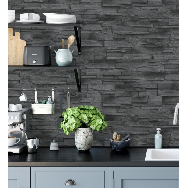 Papel pintado de piedra pizarra negra con relieve - Dakota Stone 682658