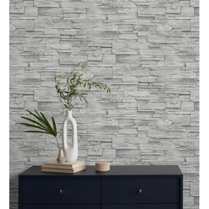 Papel pintado de piedra pizarra gris con relieve - Dakota Stone 682660