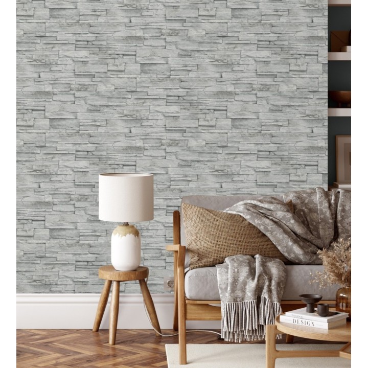 Papel pintado de piedra pizarra gris con relieve - Dakota Stone 682660