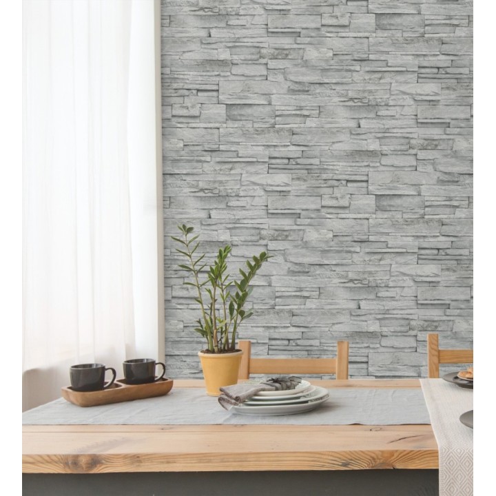 Papel pintado de piedra pizarra gris con relieve - Dakota Stone 682660
