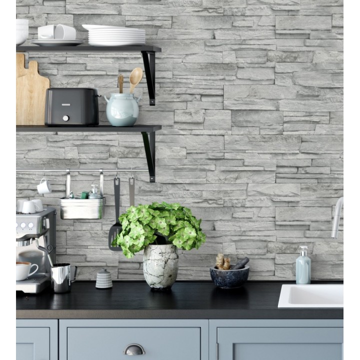 Papel pintado de piedra pizarra gris con relieve - Dakota Stone 682660