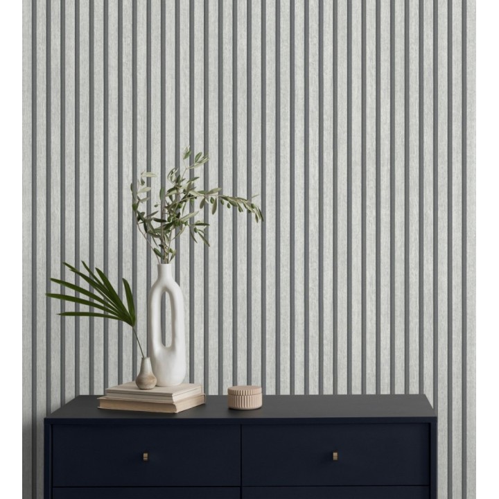 Papel pintado de listones de madera teñida de blanco imitando el diseño de palillería - Lance Wood Line 682661