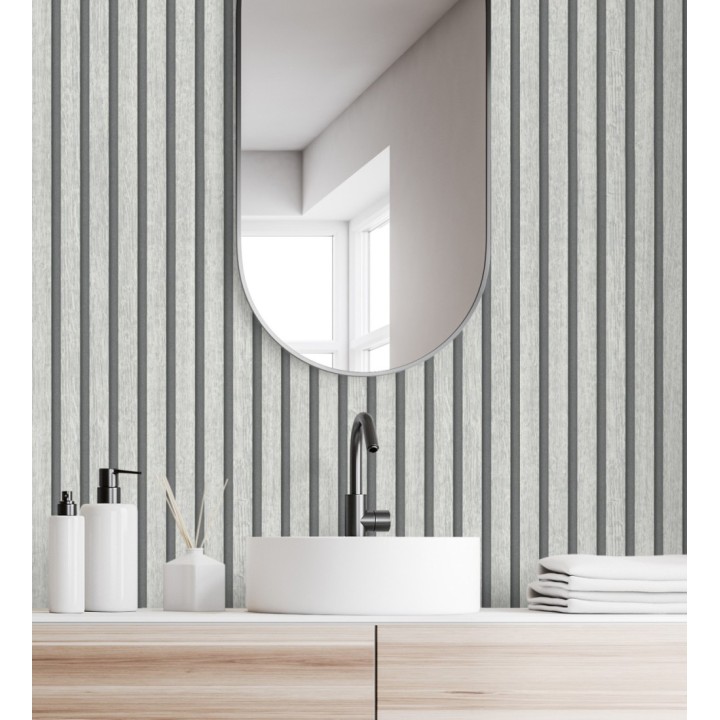 Papel pintado de listones de madera teñida de blanco imitando el diseño de palillería - Lance Wood Line 682661