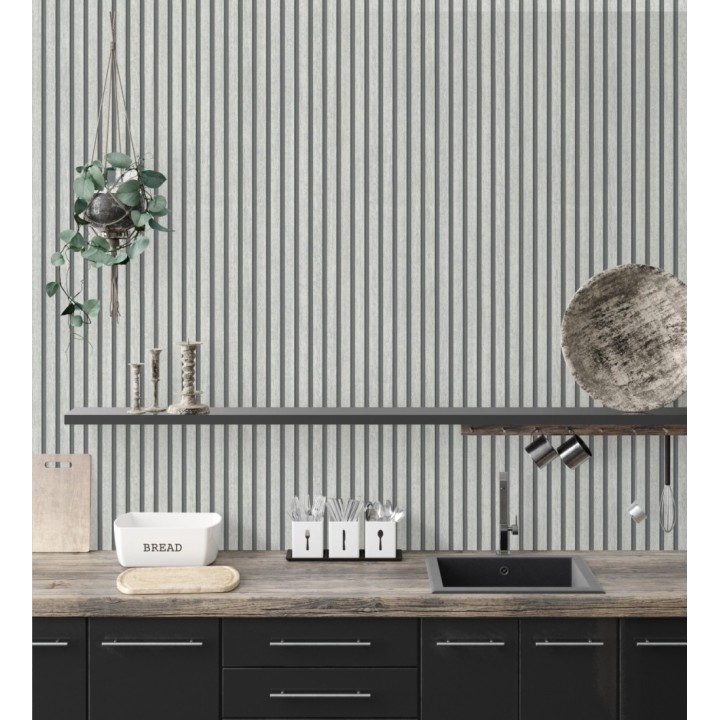 Papel pintado de listones de madera teñida de blanco imitando el diseño de palillería - Lance Wood Line 682661