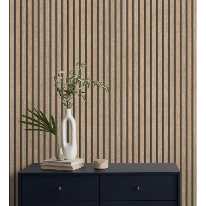 Papel pintado de listones de madera natural imitando el diseño de palillería - Lance Wood Line 682662