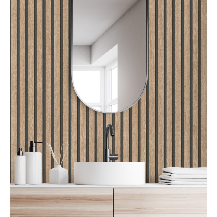 Papel pintado de listones de madera natural imitando el diseño de palillería - Lance Wood Line 682662