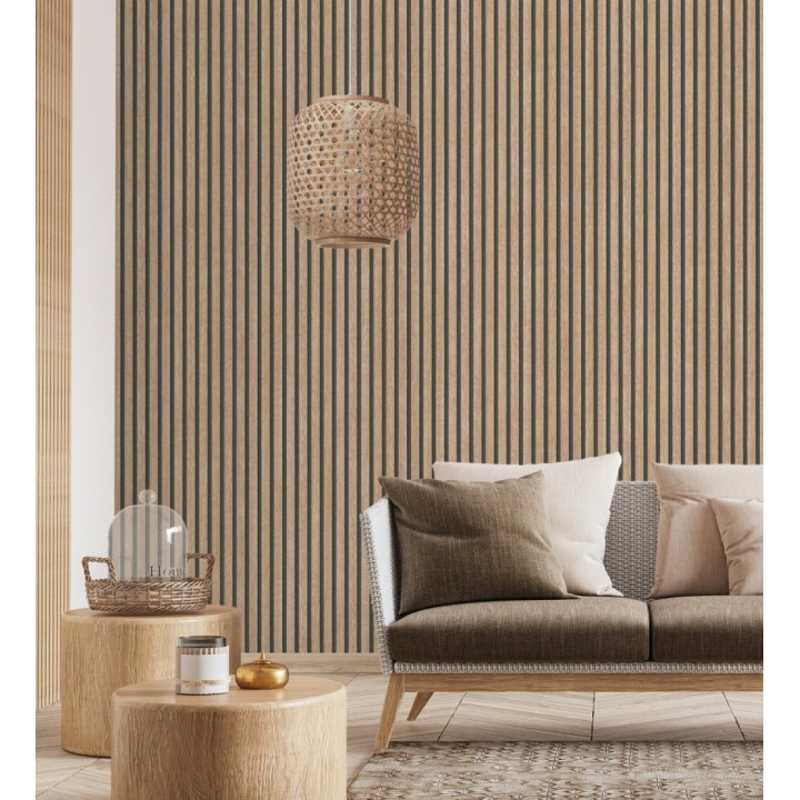 Papel pintado de listones de madera natural imitando el diseño de palillería - Lance Wood Line 682662