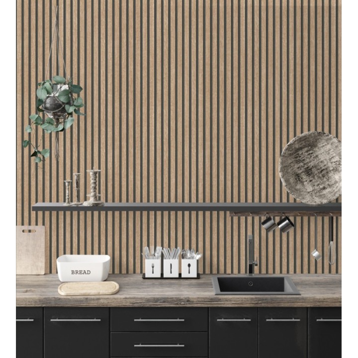 Papel pintado de listones de madera natural imitando el diseño de palillería - Lance Wood Line 682662