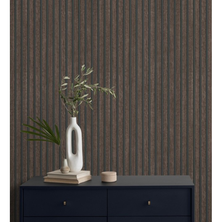 Papel pintado de listones de madera ébano imitando el diseño de palillería - Lance Wood Line 682663
