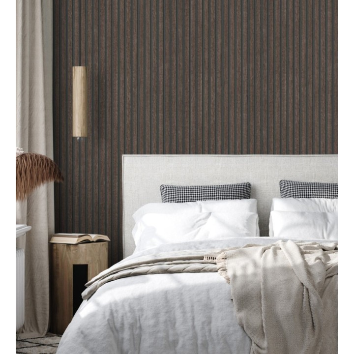 Papel pintado de listones de madera ébano imitando el diseño de palillería - Lance Wood Line 682663