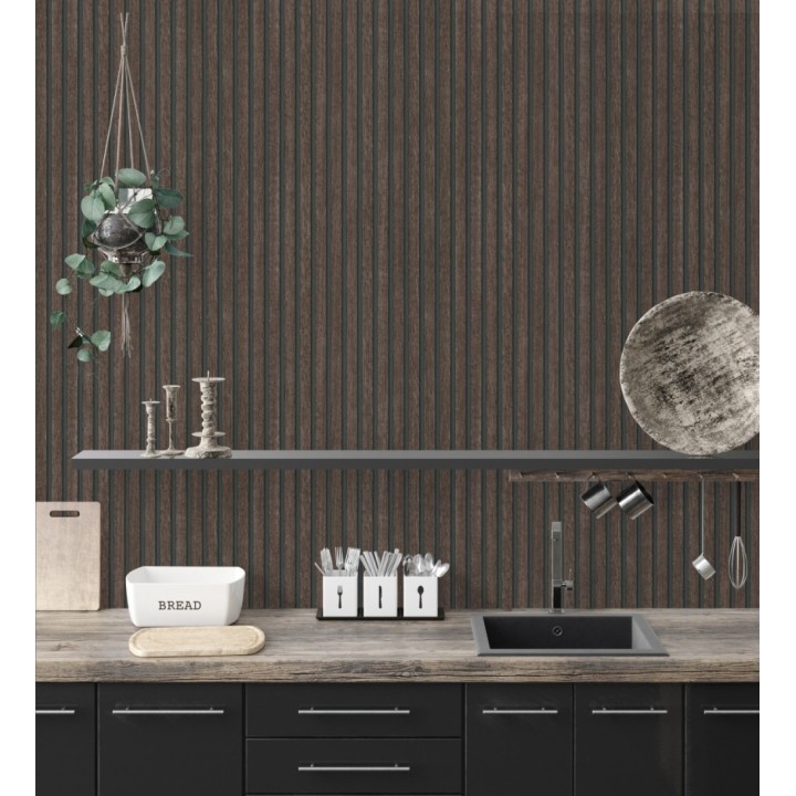 Papel pintado de listones de madera ébano imitando el diseño de palillería - Lance Wood Line 682663