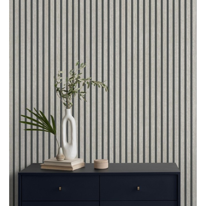 Papel pintado de listones de madera gris imitando el diseño de palillería - Lance Wood Line 682664