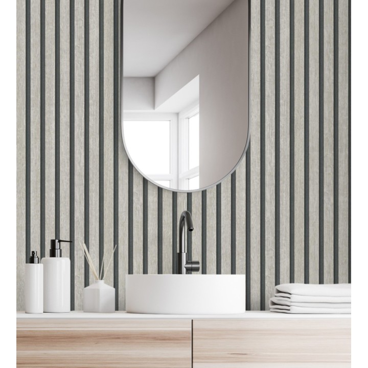 Papel pintado de listones de madera gris imitando el diseño de palillería - Lance Wood Line 682664