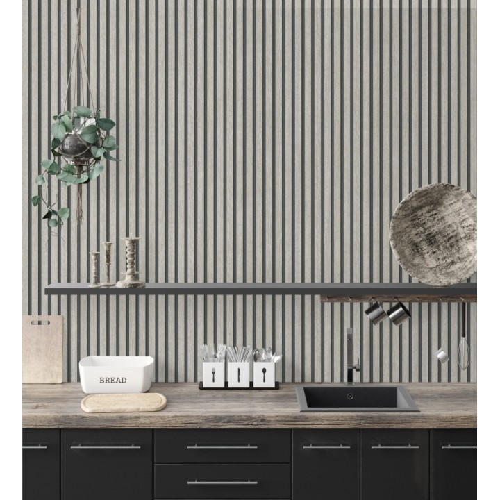 Papel pintado de listones de madera gris imitando el diseño de palillería - Lance Wood Line 682664