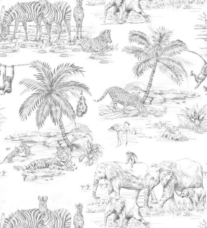 Papel pintado infantil de diseño toile de jouy con dibujo de animales en la selva tropical - Serengeti Live 682666
