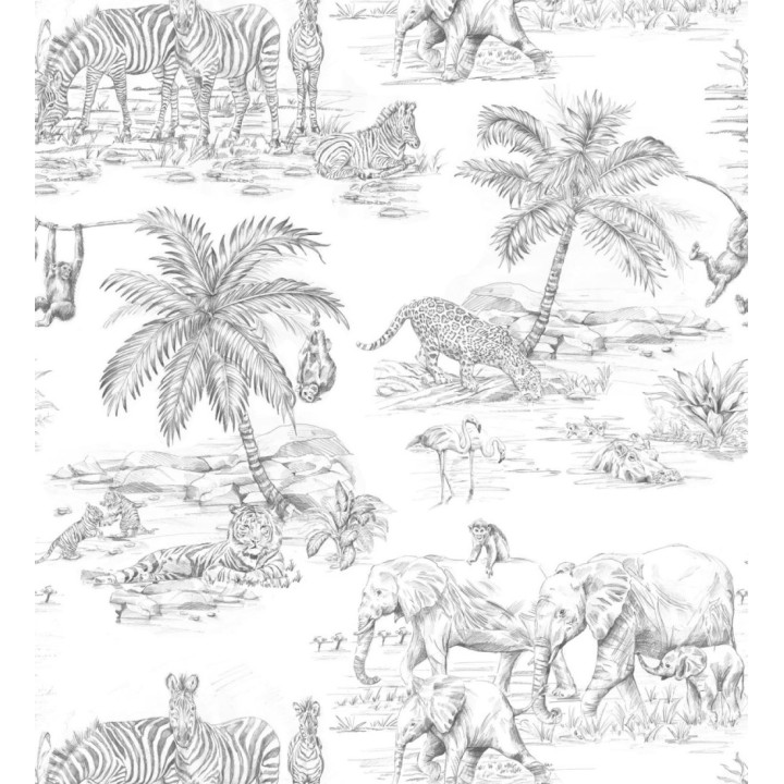 Papel pintado infantil de diseño toile de jouy con dibujo de animales en la selva tropical - Serengeti Live 682666