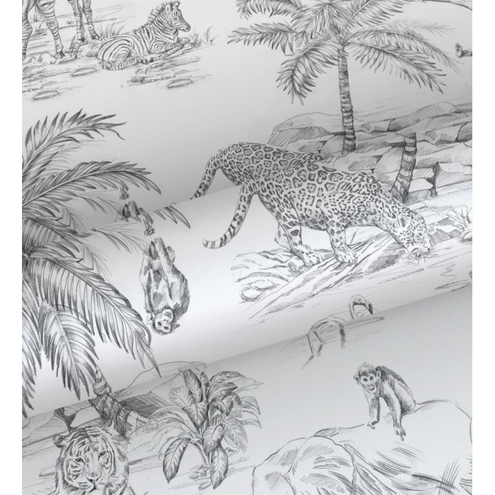 Papel pintado infantil de diseño toile de jouy con dibujo de animales en la selva tropical - Serengeti Live 682666