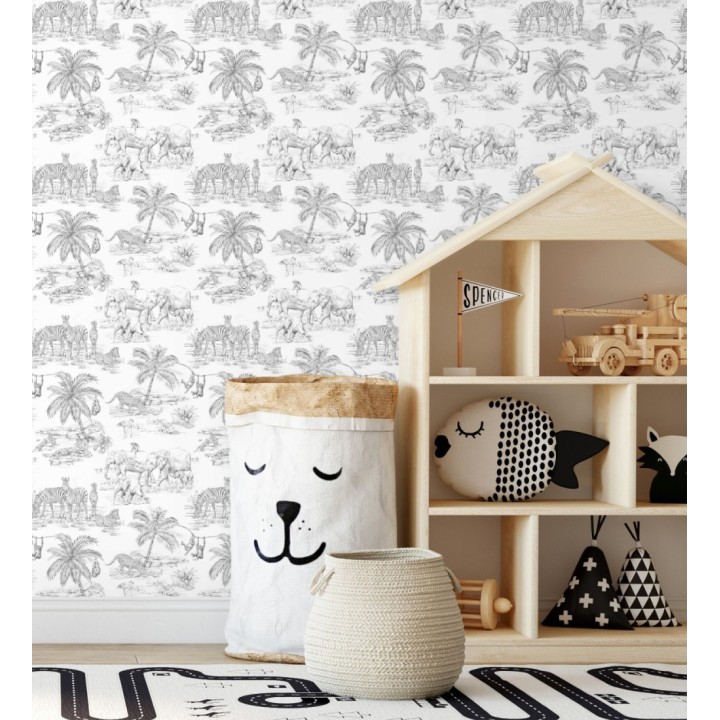 Papel pintado infantil de diseño toile de jouy con dibujo de animales en la selva tropical - Serengeti Live 682666