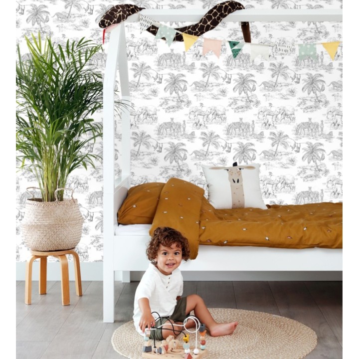 Papel pintado infantil de diseño toile de jouy con dibujo de animales en la selva tropical - Serengeti Live 682666