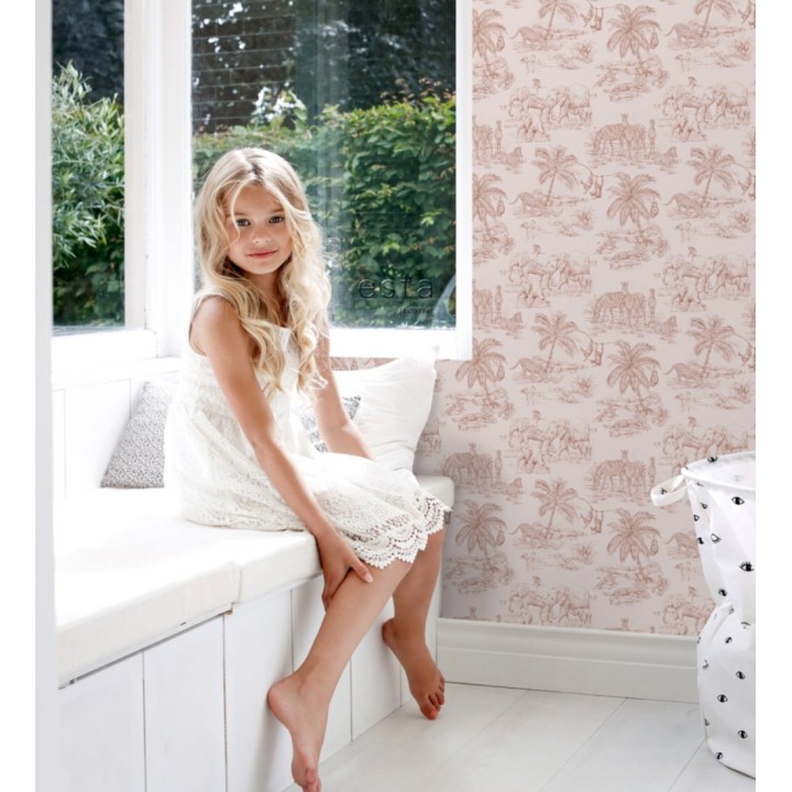 Papel pintado infantil de diseño toile de jouy con dibujo de animales en la selva tropical - Serengeti Live 682667