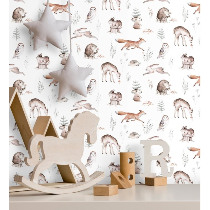 Papel pintado infantil de animales ciervos conejos osos buhos y ardillas - Bourne Animals 682670