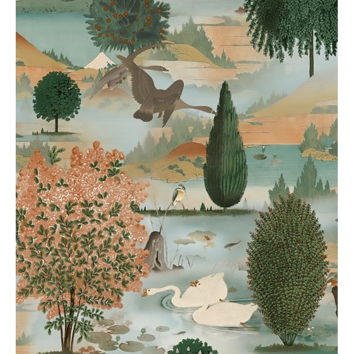 Papel pintado escénico de naturaleza con pájaros y arboles junto a un lago - Bosco Breeze 682682